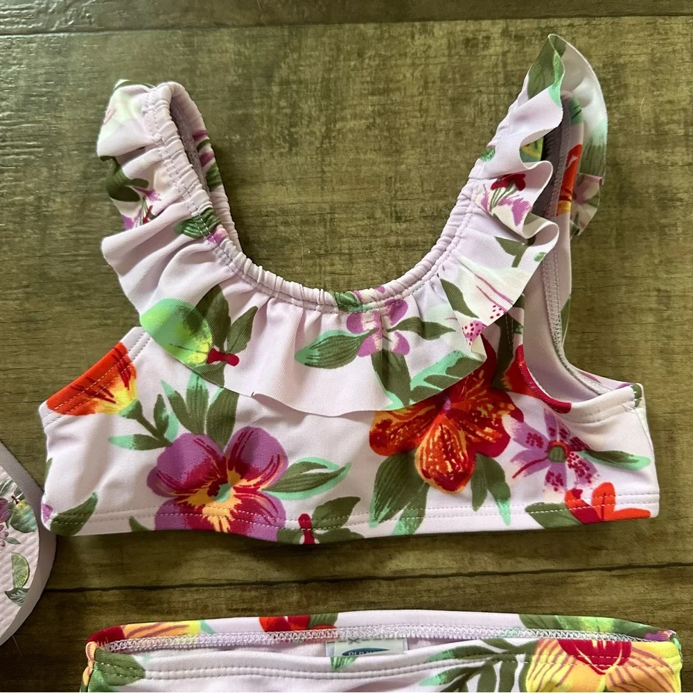 Old Navy tropical ruffle floral bikini with new matching flip flops